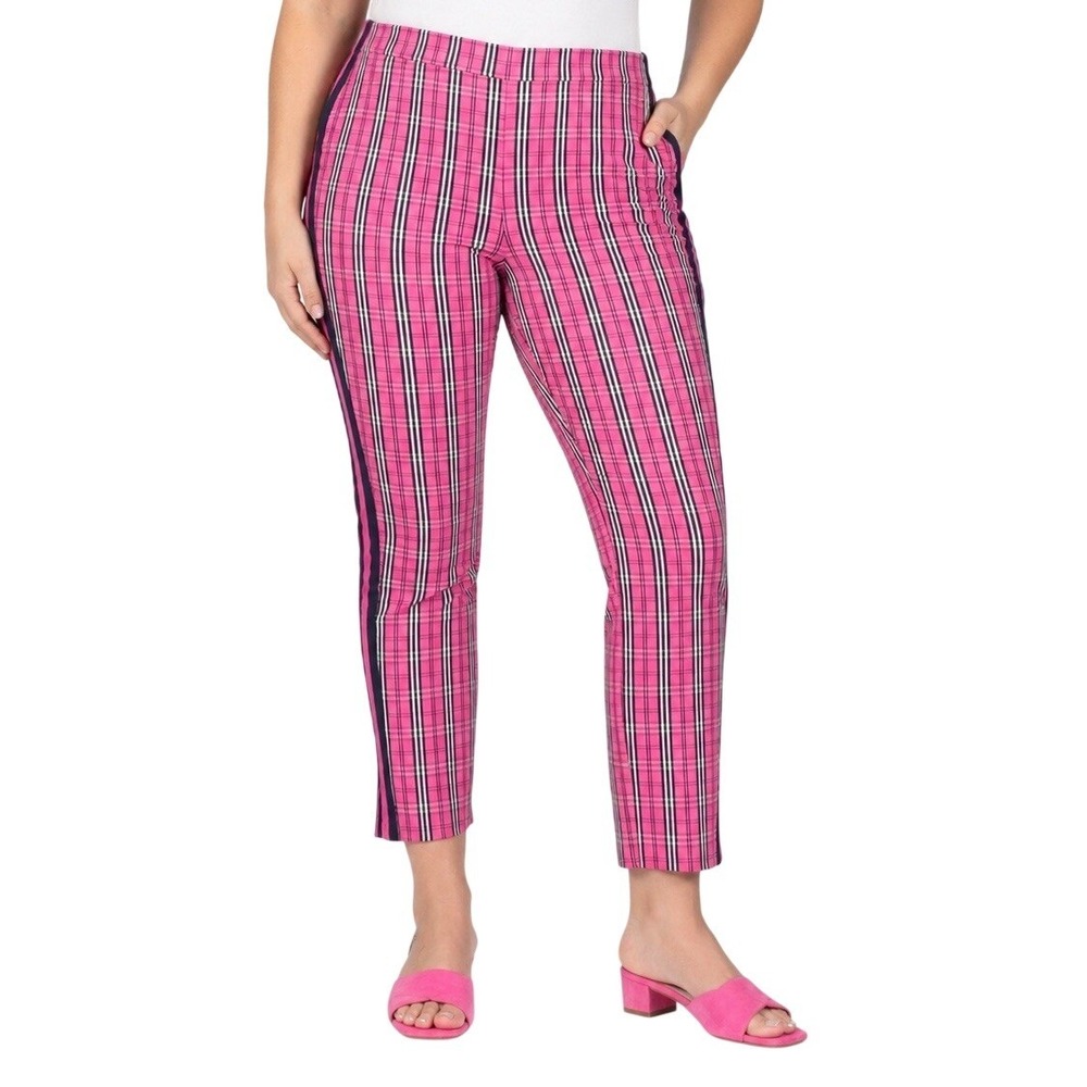 Gretchen Scott Pink Plaid Pants Women XL Preppy Stretch Slim‎ Ankle